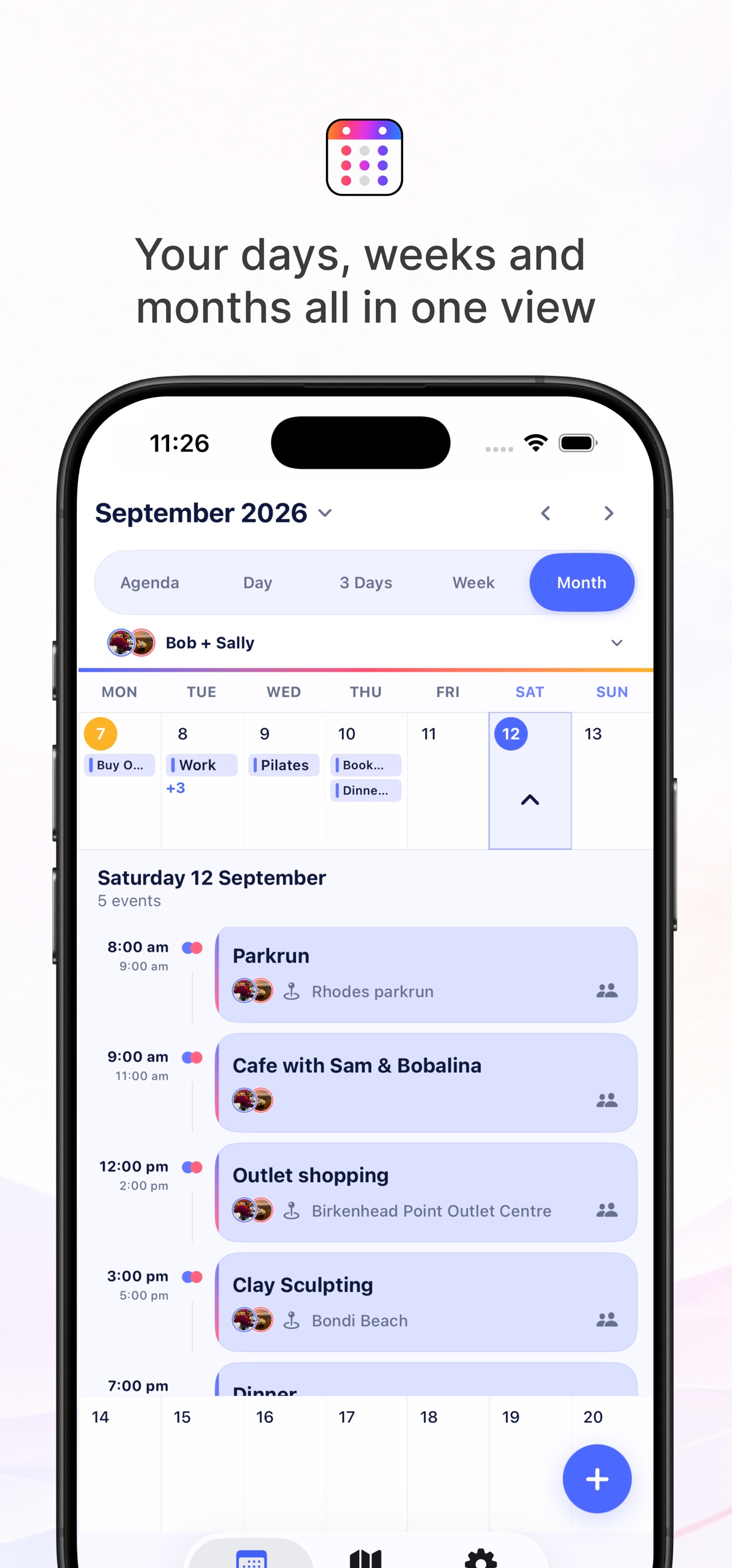Melendar month calendar combining both partners' schedules