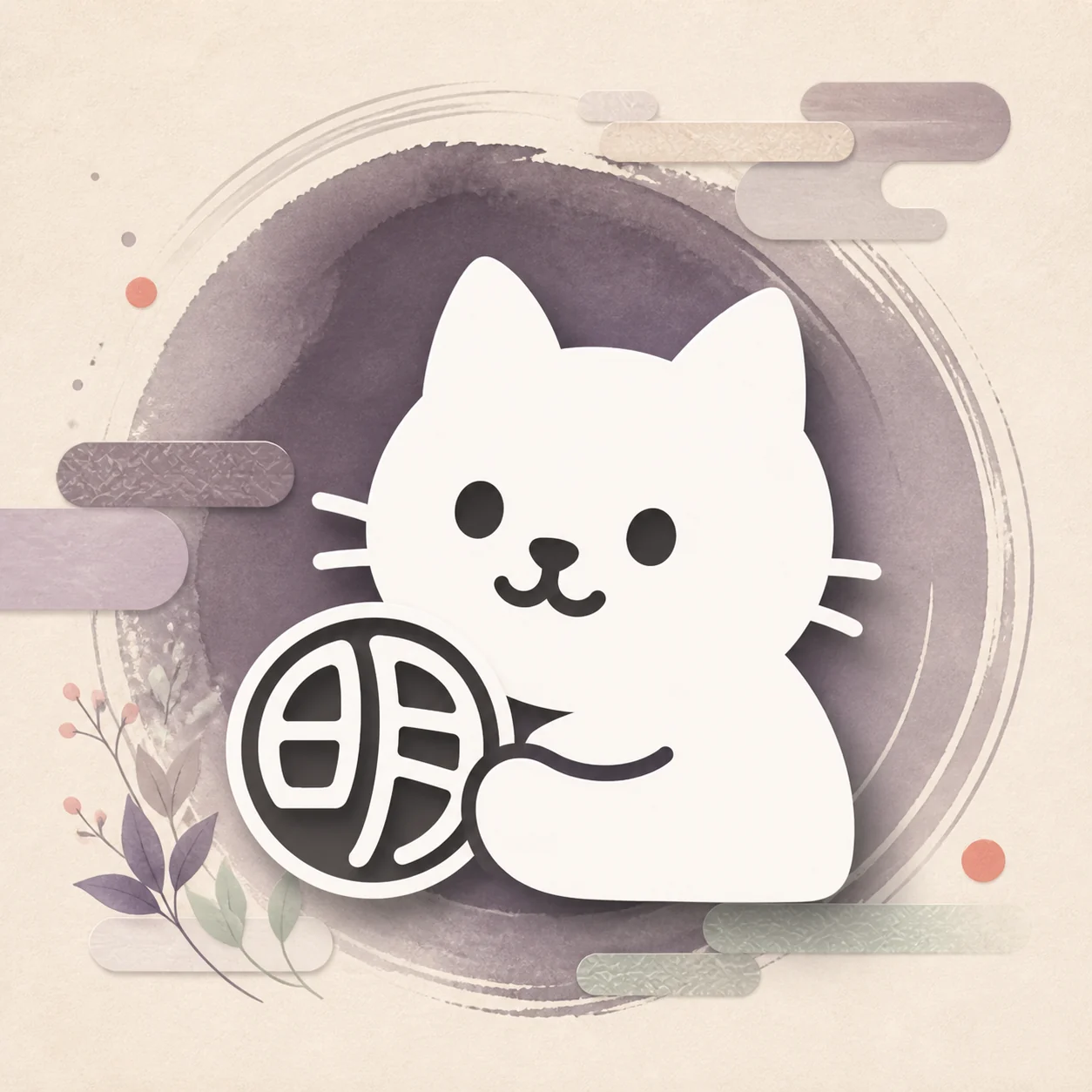 The Ming cat holding the Chinese character 明 against a soft plum ink circle