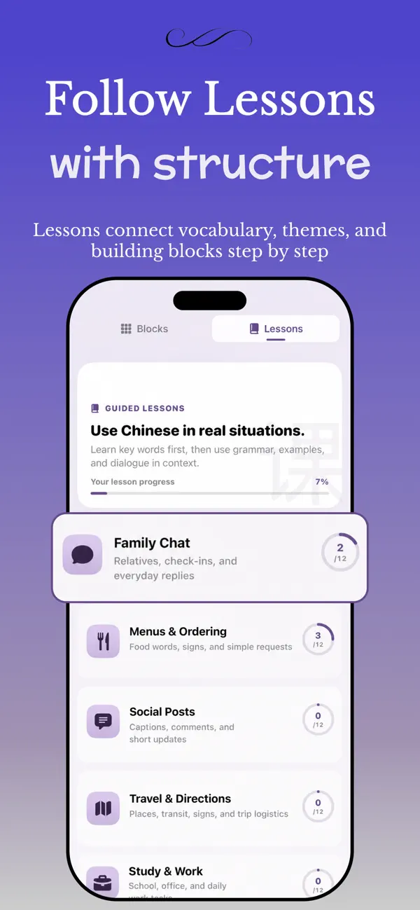 Ming guided lesson categories including Family Chat and Travel and Directions